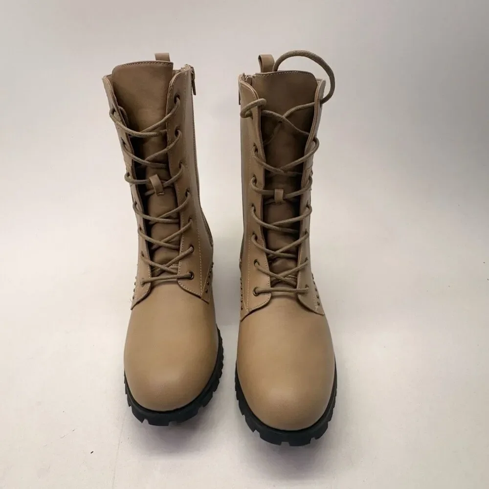 Gia-Mia Star Combat Boots Women’s 13 Tan Studded Lace Up Side Zip NIB